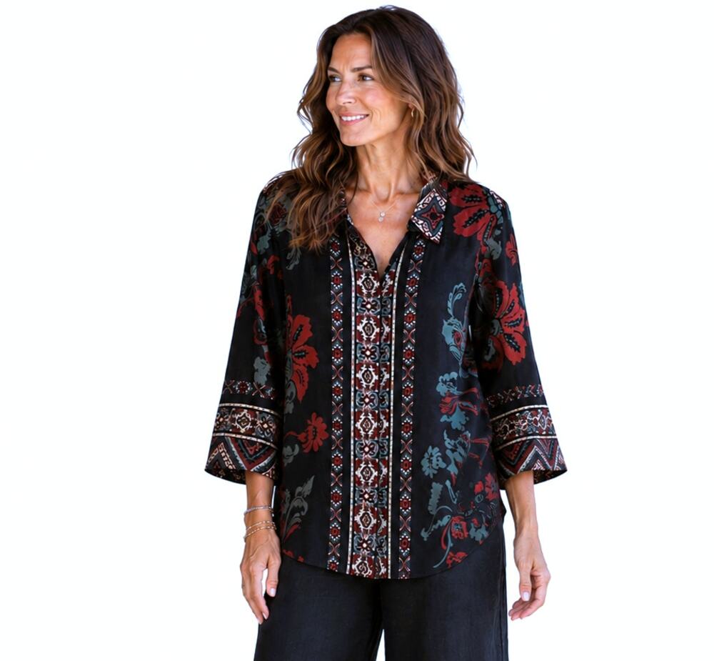 Soft Surroundings Button Top Womens XL Navy Mixed Aztec Floral Prints Topper